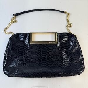 MK Michael Kors Black Python Snake Print Embossed Patent Leather Berkeley Clutch